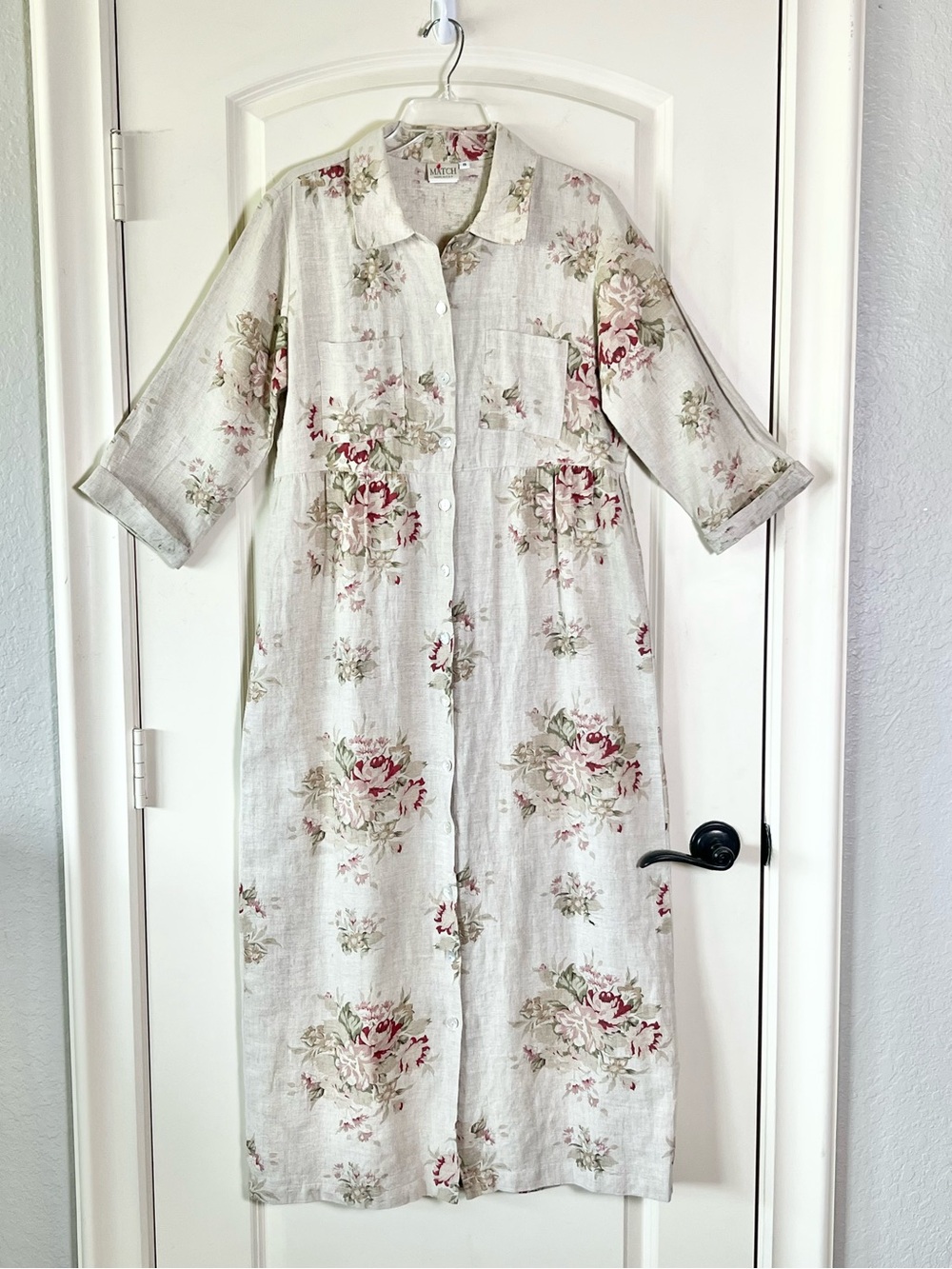 Vintage Match 100% Linen Romantic Floral Button-Down Maxi Dress - Size 8